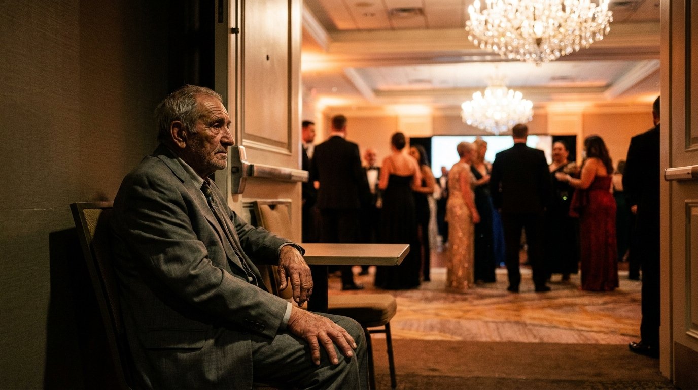 Il posto in fondo alla sala — un anziano padre in abito grigio seduto solo, lontano dalle
