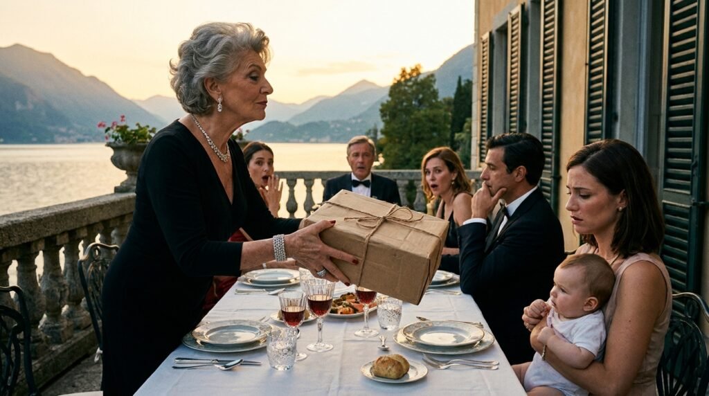 Il segreto di Villa Santi: mistero e inchiesta sul Lago di Como 2 Matriarch handing gift to woman 202607221614