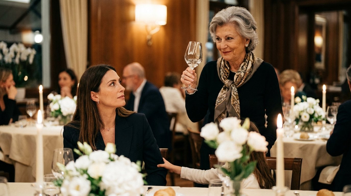 «La nuora inutile» — Renata alza il bicchiere mentre Sofia resta seduta e calma