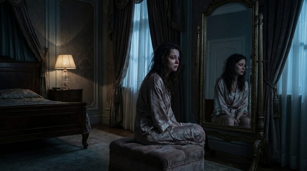 Le Lacrime della Devozione: Una Storia d'Amore e Redenzione 3 Woman crying looking at mirror 202607231628